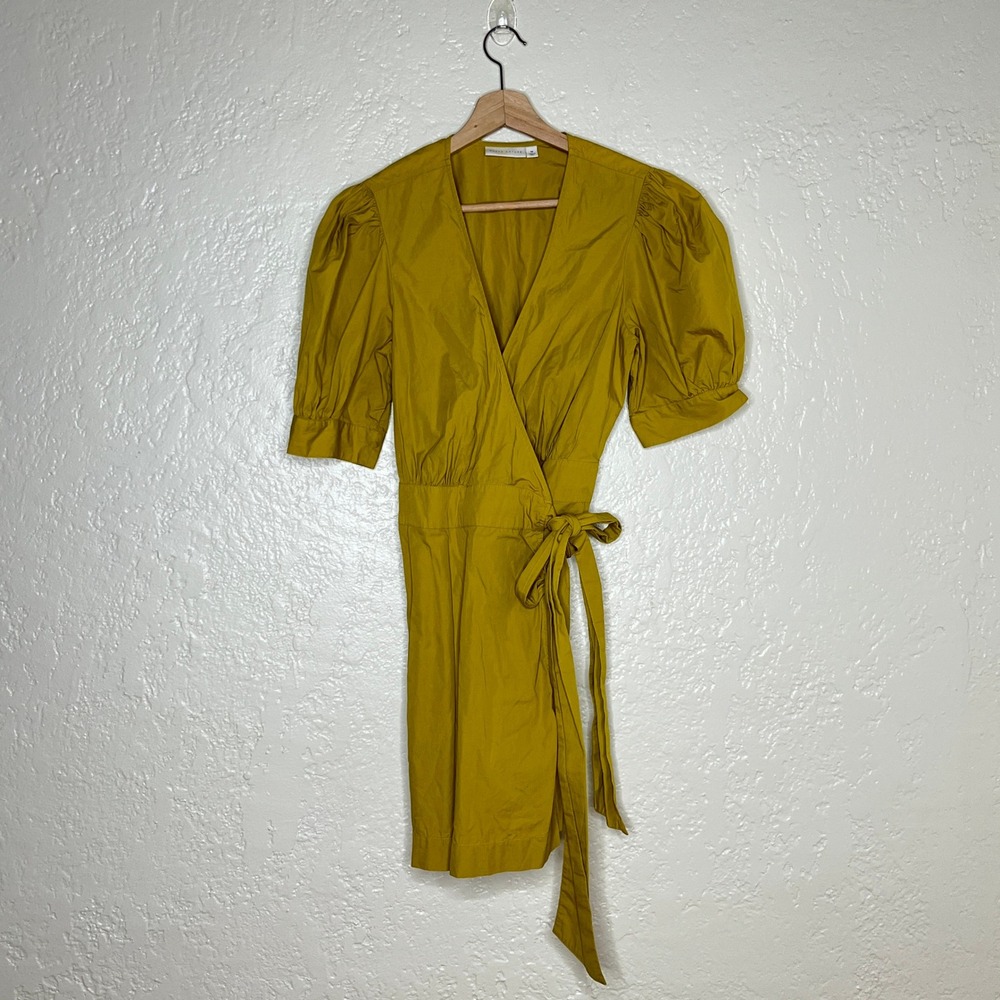 Happy Nature Mustard Yellow Cotton Wrap Mini Dress Puff Sleeve V-Neck Size M